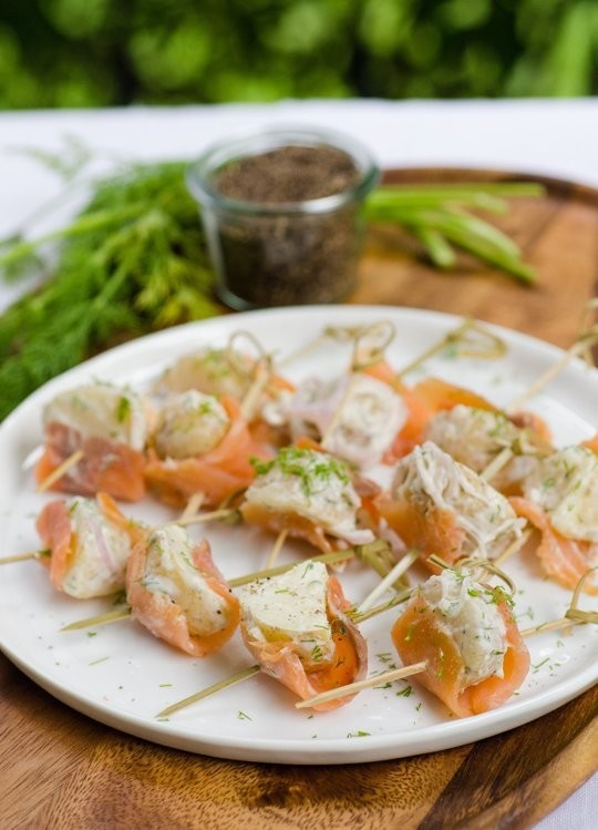 Smoked salmon & potato skewers with dill & shallots