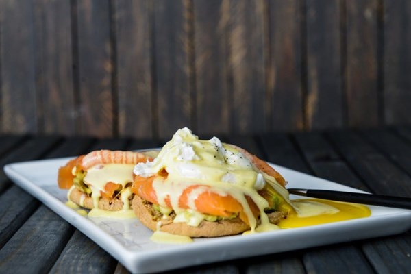 Smoked salmon and avocado eggs Benedict