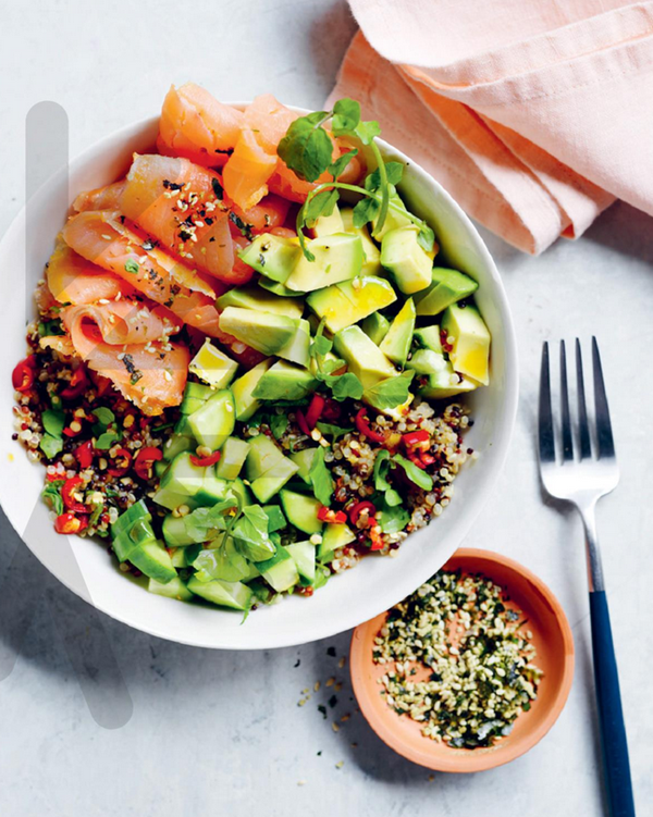 Smoked salmon and avocado quinoa bowl