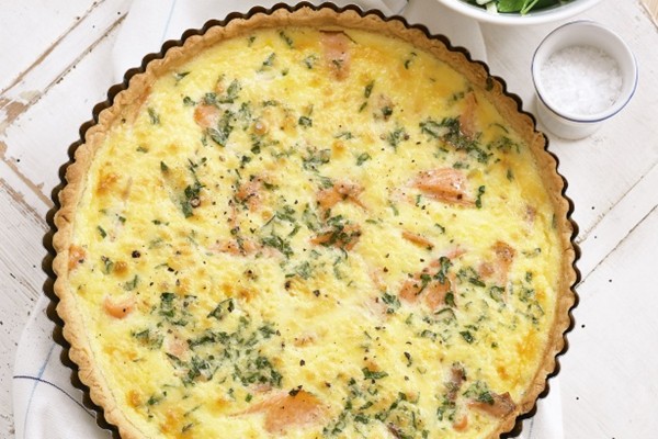 Smoked salmon and basil tart with lemon and parsley salad
