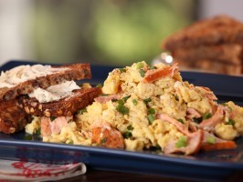 Smoked salmon and green onion scramble with goat cheese butter on toast