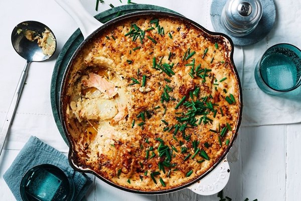 Smoked salmon and potato gratin