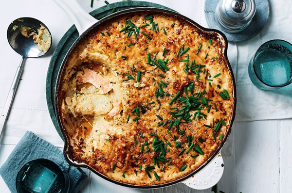 Smoked salmon and potato gratin