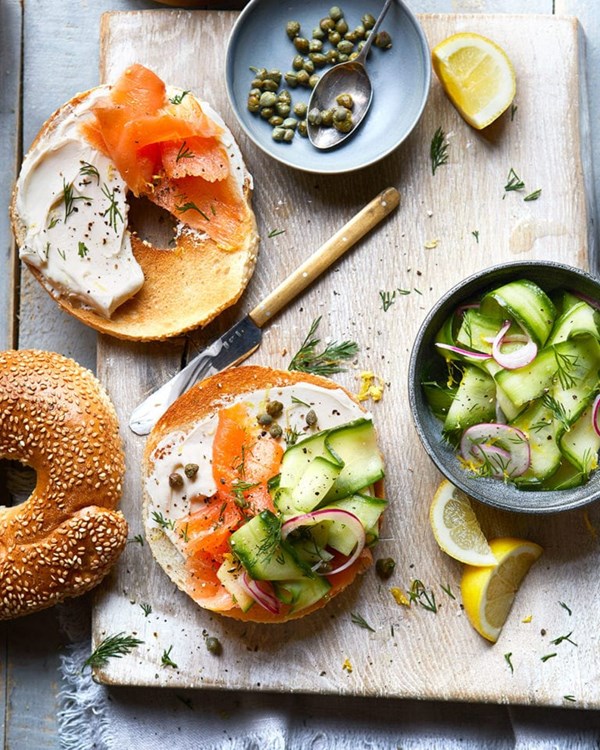 Smoked salmon and 'schmear' bagel with pickles