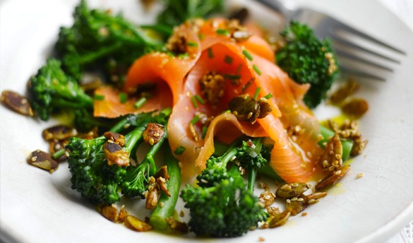 Smoked salmon and tenderstem toasted seed salad with lemon dressing