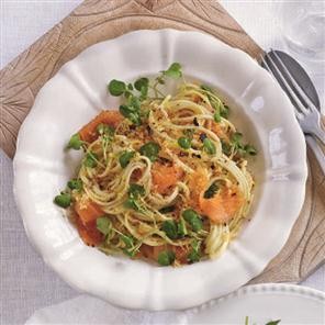 Smoked salmon and watercress linguine with chilli crumbs