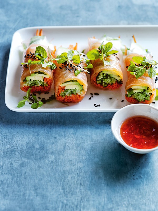 Smoked salmon, avocado and pickled chilli rice paper rolls