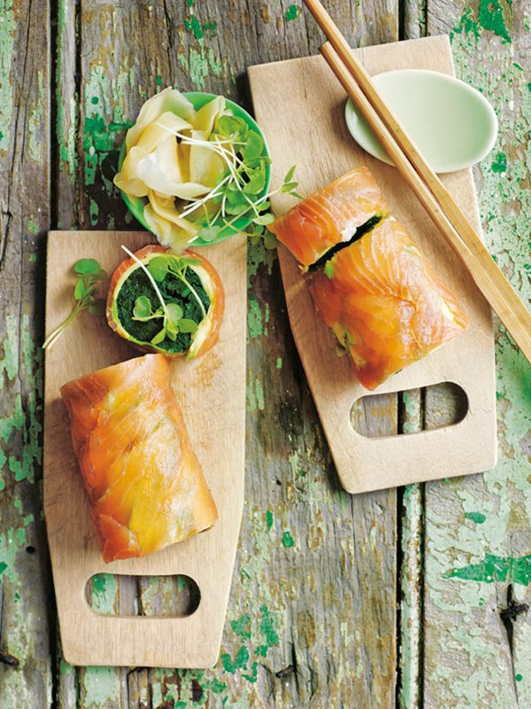 Smoked salmon, avocado and spinach rolls