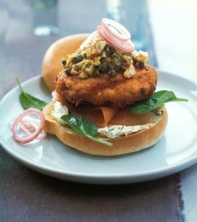 Smoked-salmon burger bagel with egg and caper relish, and quark and sweet mustard cream