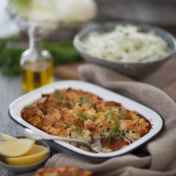 Smoked salmon, caper and goat's cheese strata with shaved fennel salad