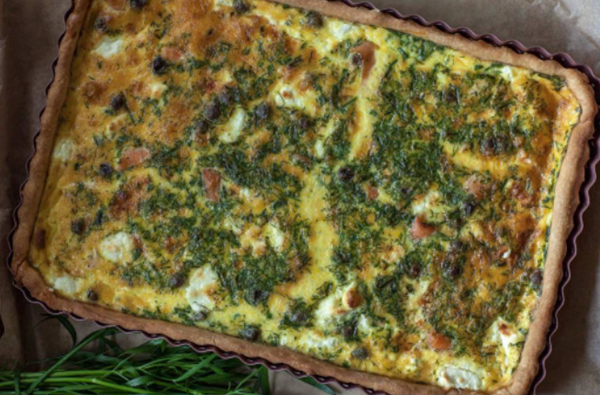 Smoked salmon, caper, dill and goat's cheese tart