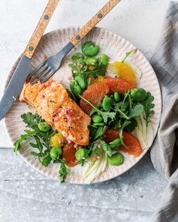 Smoked salmon, citrus, and fava bean salad