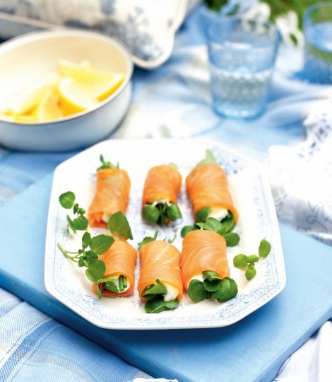 Smoked salmon, cream cheese and watercress rolls