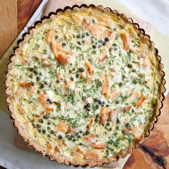 Smoked salmon crème fraîche tart with a cornmeal millet crust