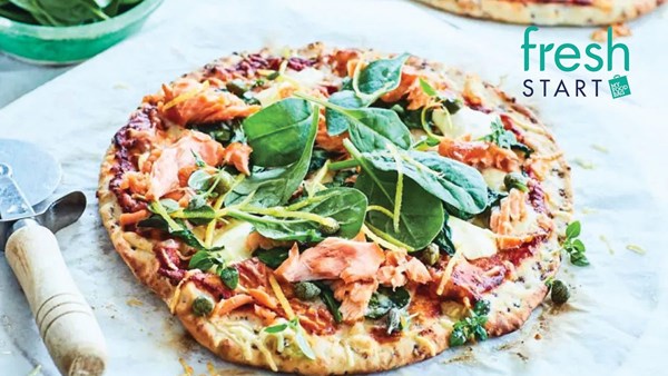 Smoked salmon, dill and lemon sour cream pizza with a quinoa base