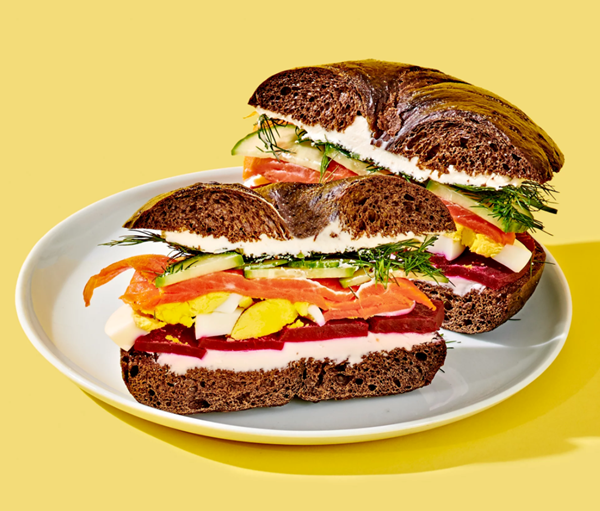 Smoked salmon, egg & pickled beet bagel sandwich