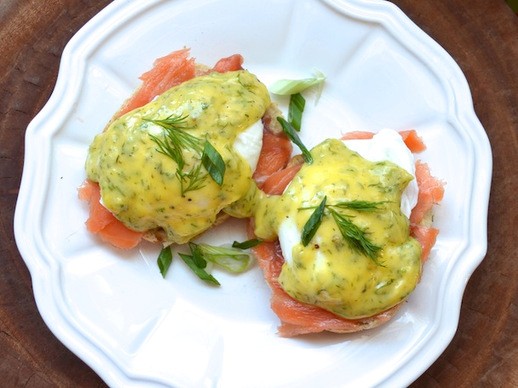 Smoked salmon eggs Benedict with dill Hollandaise