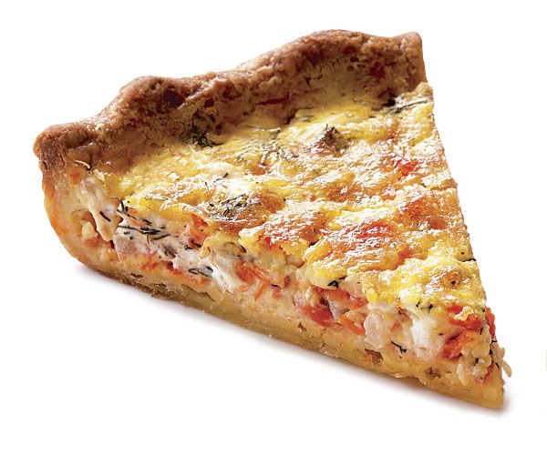 Smoked salmon, herbed cream cheese, and red onion quiche
