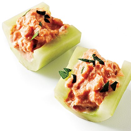 Smoked salmon in cucumber boats