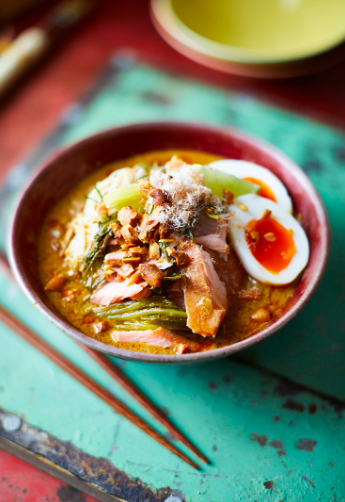 Smoked salmon laksa with soft-boiled eggs