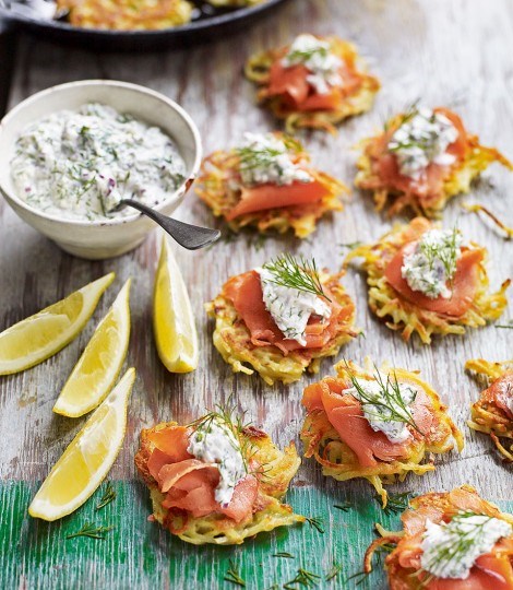  Smoked salmon latkes with Scandinavian horseradish cream
