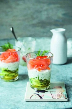 Smoked salmon, lemon-garlic potatoes and tzatziki