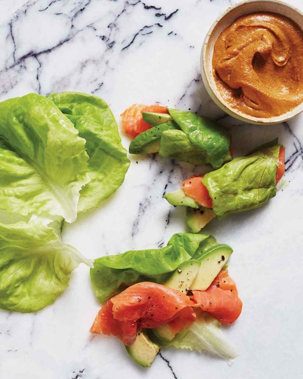 Smoked-salmon lettuce rolls with avocado and tahini