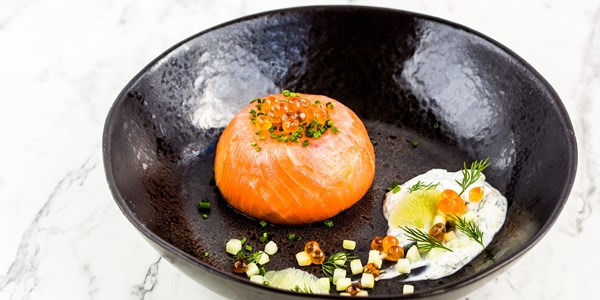 Smoked salmon mousse with crème fraîche, lime and dill