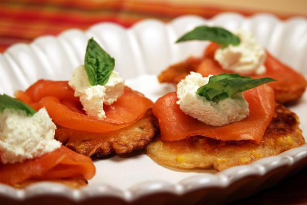 Smoked salmon on corn fritters