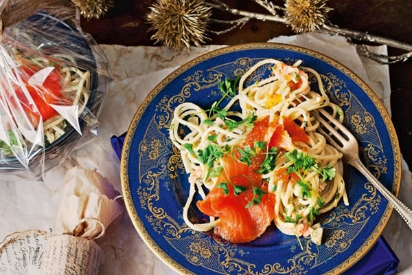 Smoked salmon pasta parcels