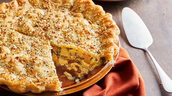 Smoked salmon pie with everything bagel crust