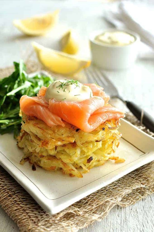 Smoked salmon potato rosti stack