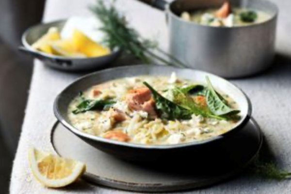 Smoked salmon, risoni and dill soup