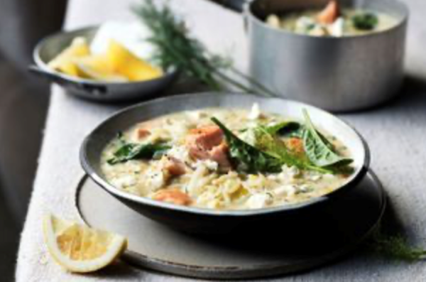 Smoked salmon, risoni and dill soup