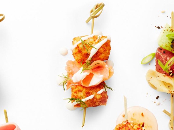 Smoked salmon skewers with Tater Tots