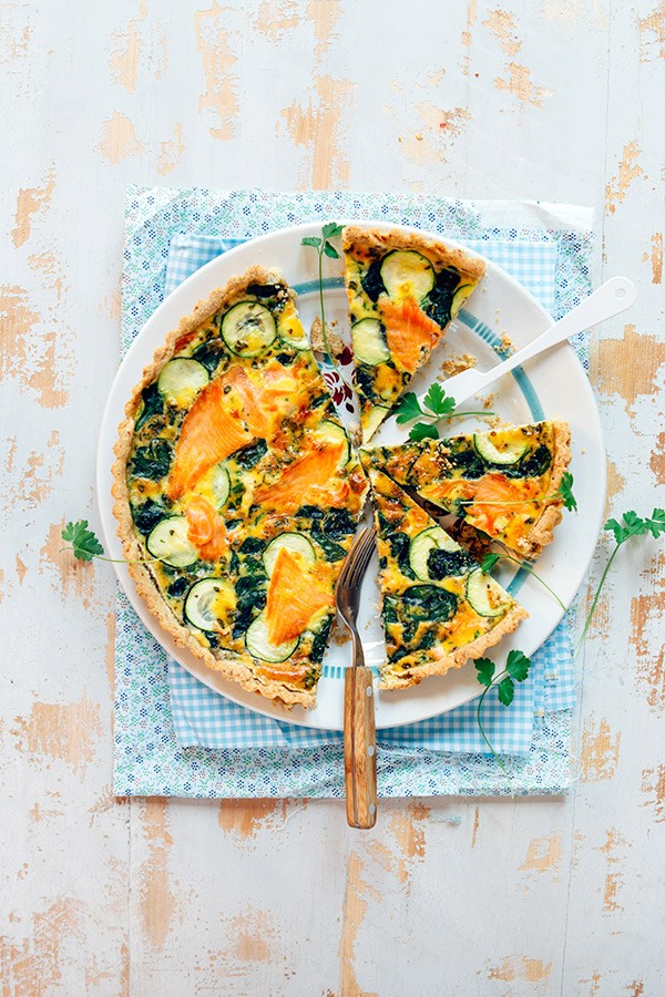 Smoked salmon, spinach, and zucchini tart