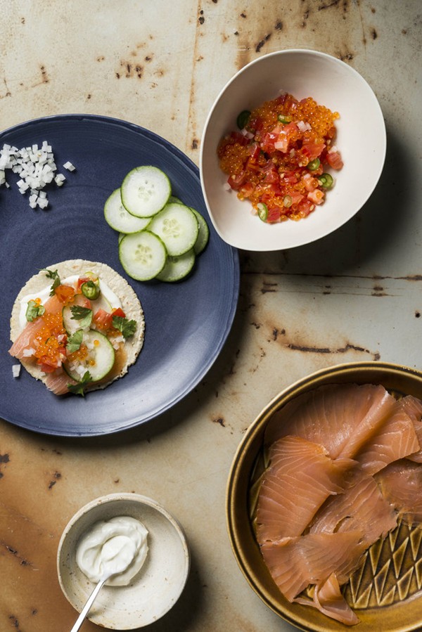 Smoked salmon tacos with salmon roe salsa
