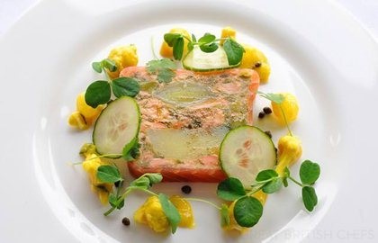 Smoked salmon terrine with leeks and confit potatoes