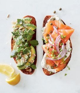 Smoked salmon toasts with dill cream cheese, red onion & capers