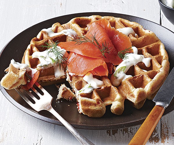 Smoked salmon waffles with scallion cream cheese