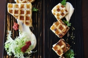 Smoked salmon waffles with wasabi yogurt