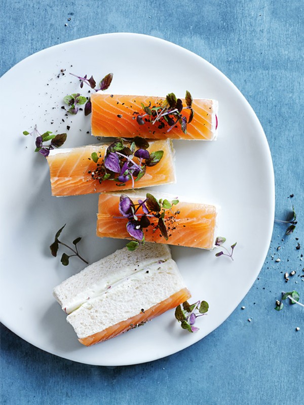 Smoked salmon, wasabi and radish finger sandwiches