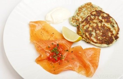 Smoked salmon with chard and dill pancakes