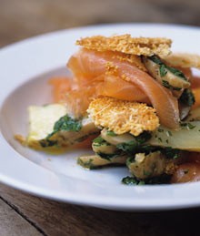 Smoked salmon with steamed potato salad with lemon and toasted Parmesan