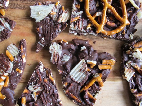 Smoked salt pretzel and potato chip chocolate bark