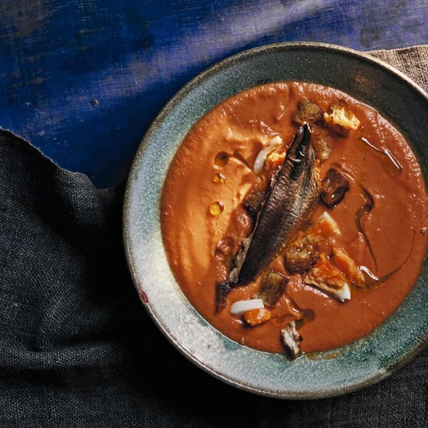 Smoked sardines with salmorejo