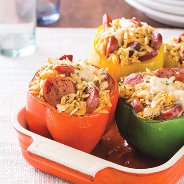Smoked sausage and orzo stuffed peppers