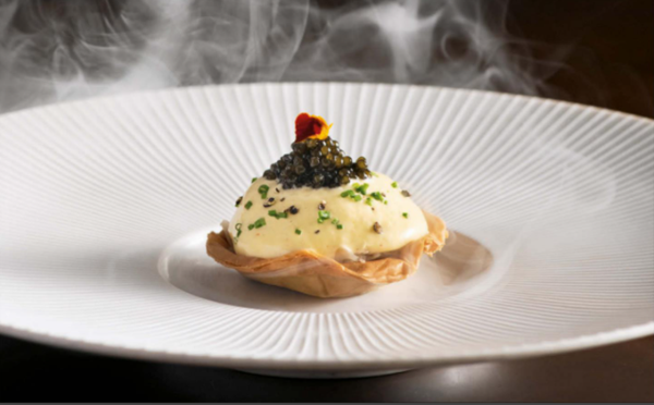 Smoked sturgeon and sauerkraut tart with Riesling mousseline and caviar