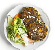 Smoked sweet potato & bean cakes with citrus salad