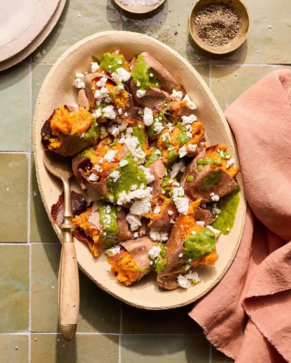 Smoked sweet potatoes with basil vinaigrette 